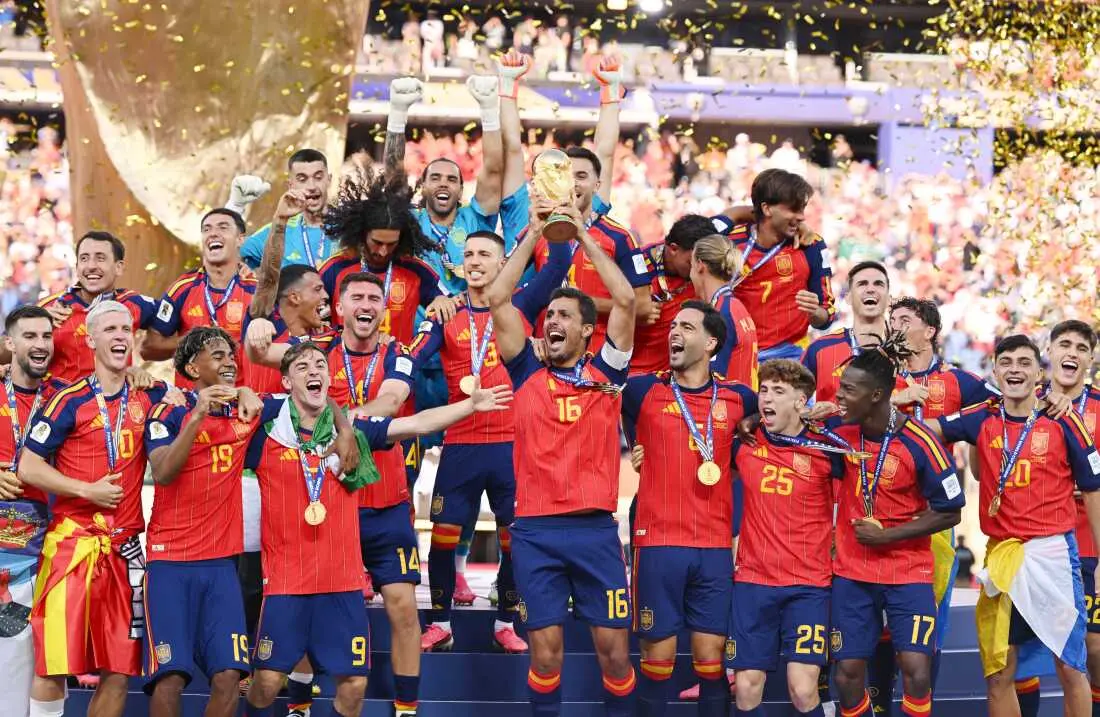 Spain men's national soccer team celebrating its 2026 FIFA World Cup victory
